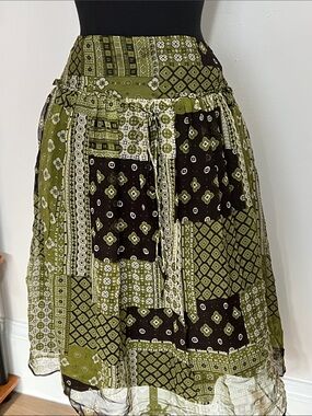 ECI Olive and Black Patchwork Midi Skirt